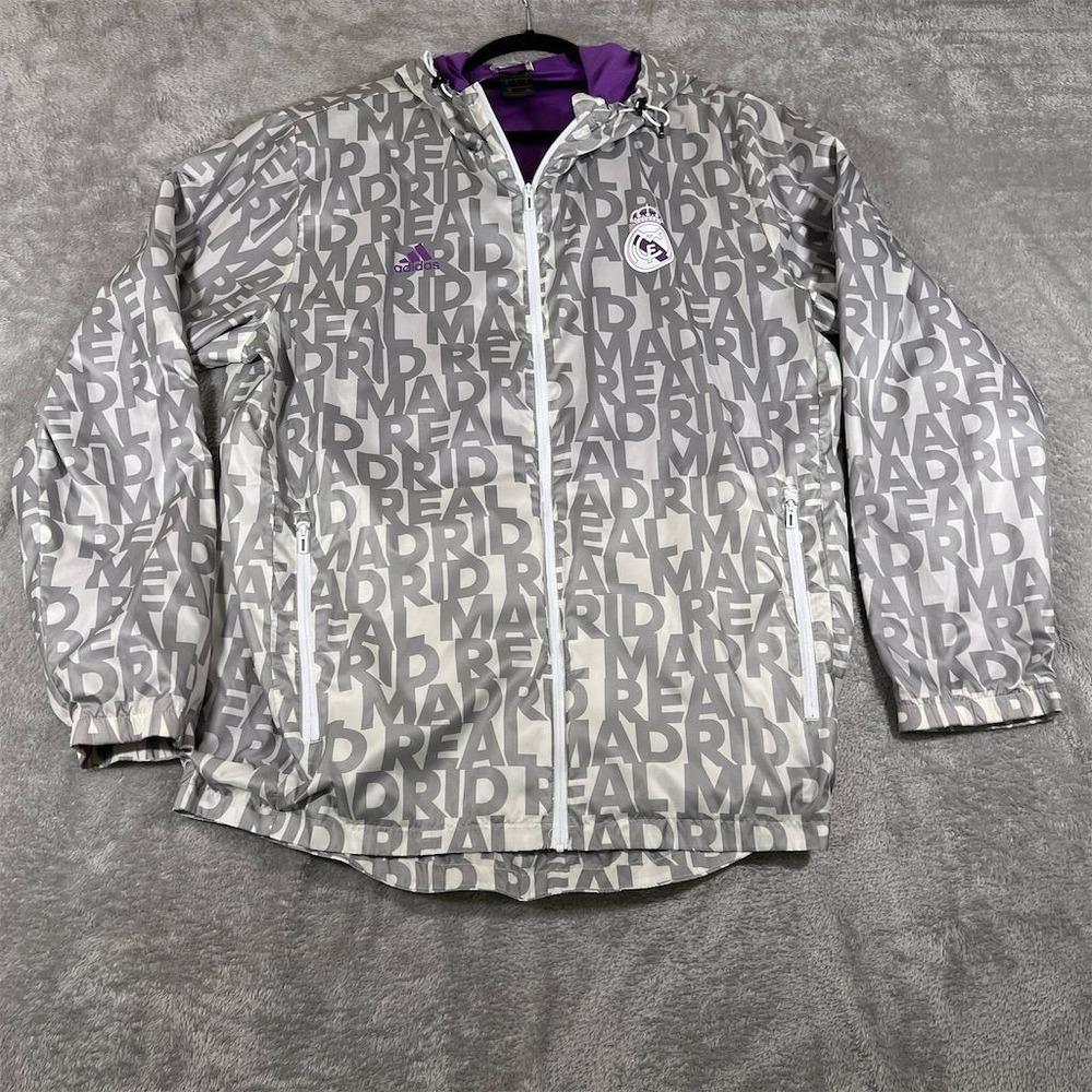 Real Madrid Jacket‎ Adidas Anthem Varsity Mens Gray Large Spellout Futbol Hooded